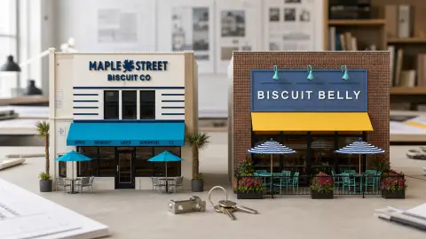 Architectural models of Maple Street Biscuit Company and Biscuit Belly storefronts arranged on a shared renovation track