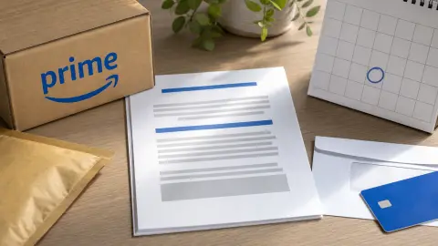 Amazon Prime-branded package beside settlement paperwork and a payment card on a desk