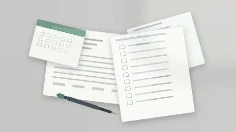 A desktop still life with blank claims paperwork, a calendar sheet and a separate job-search checklist.