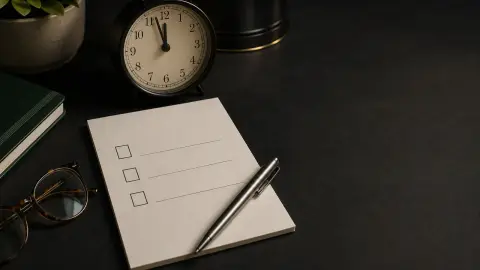 A trading checklist, clock, pen and reading glasses arranged on a dark desk to show overnight stock trading risk checks.