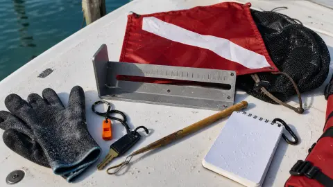 A lobster gauge, dive flag, gloves and catch bag arranged beside boating safety gear for Florida mini-season planning