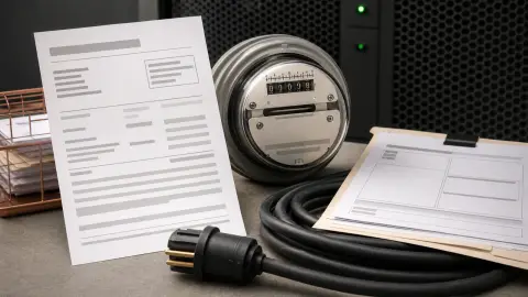 A power bill, electric meter, coiled cable and blank utility papers arranged on a tabletop.