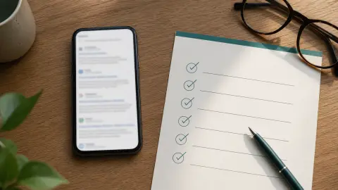 A phone, notebook and glasses arranged as a careful treatment-search checklist on a quiet tabletop
