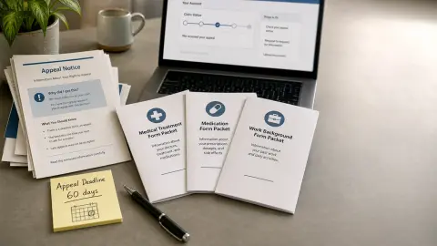 Appeal paperwork, a laptop status page, and a 60-day deadline note arranged on a desk.
