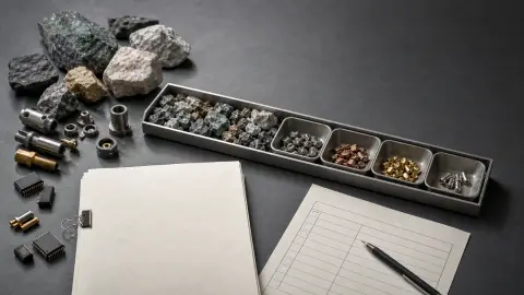Critical mineral samples, machined parts and a procurement packet arranged as a defense supply-chain review still life