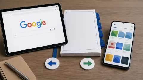 A tablet with a Google-style search page and a phone-like app store screen beside a blank regulatory packet.