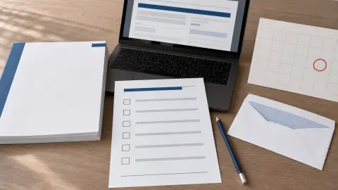 A blank comment packet, checklist, laptop form and circled calendar square arranged on a desk