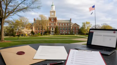 Howard University's Founders Library behind staged tuition and scholarship paperwork