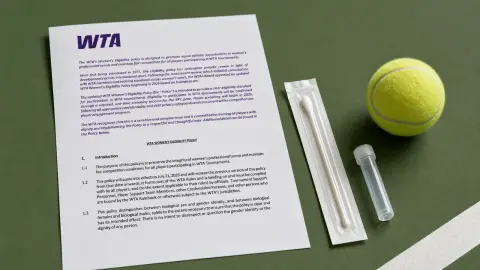 An official WTA eligibility policy page arranged with a cheek swab packet, sample tube and tennis ball.
