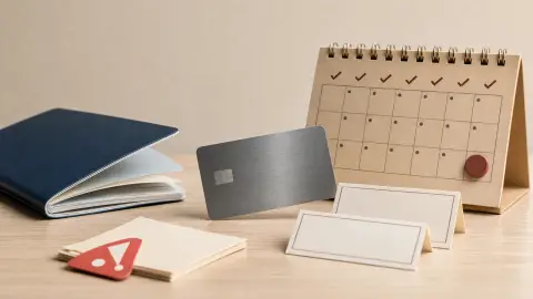 A passport-like booklet, payment card and blank appointment cards arranged beside a 10-day calendar grid.