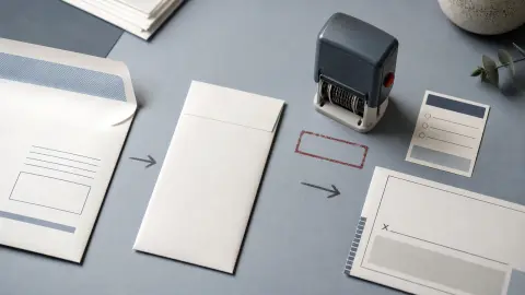 A realistic tabletop scene of vote-by-mail envelopes, a blank ballot packet, a date stamp and a tracking card arranged to show ballot timing and signature checks