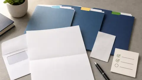 Blank tax notice, filing folders, a payment receipt, and a checklist arranged on a desk.