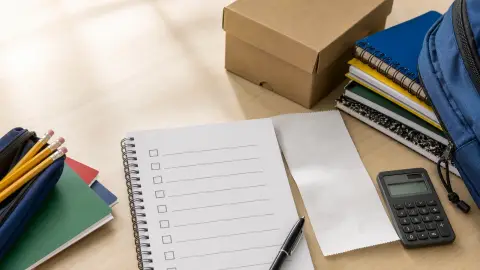 School supplies, a calculator, a receipt and a blank checklist arranged as a back-to-school shopping plan.