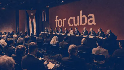 Two-tone editorial treatment of a Miami forum panel facing an audience beside Cuban flags and a For Cuba backdrop.