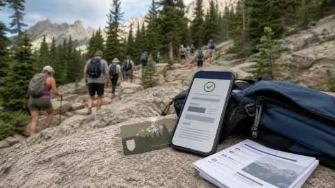 A phone, park pass and hiking pack on a rock beside a busy alpine trail in Rocky Mountain National Park.