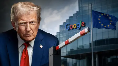 Donald Trump beside a half-lowered customs barrier, with an EU flag and Google sign visible beyond it