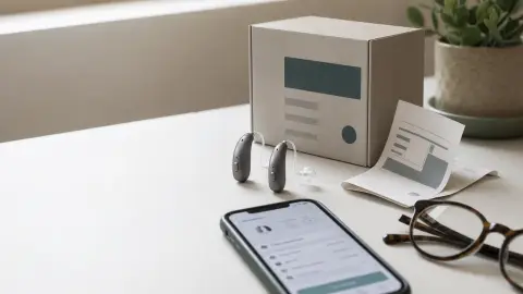 Non-branded hearing aids beside a plain box, return receipt, phone and reading glasses on a tabletop.