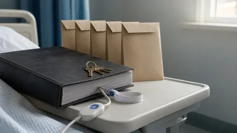 A hospital call-button cord and patient wristband pinned beneath an acquisition binder beside property keys and five sealed envelopes.