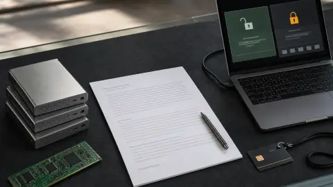 A policy letter, storage drives and a secured laptop arranged to show the choice between open and restricted AI models.