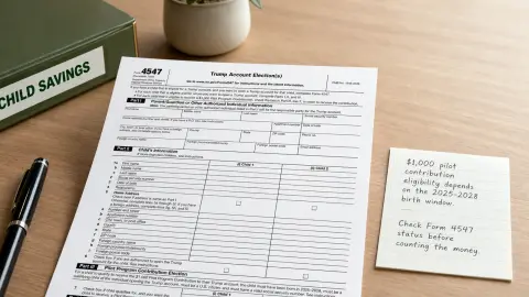 IRS Form 4547 for Trump Account elections staged with a pen and child savings folder.