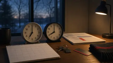 Two analog clocks beside a blank calendar, keys and transit card near a dim morning window.