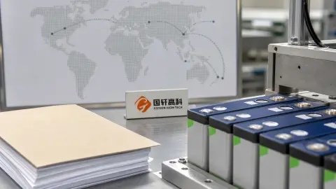 Battery cells and financing papers arranged beside a Gotion High-Tech identity marker on an industrial workbench.