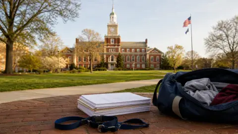 Howard University's Founders Library with generic enrollment paperwork and a packed bag in the foreground.