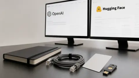 OpenAI and Hugging Face incident pages shown on two screens beside access-control objects on a desk.