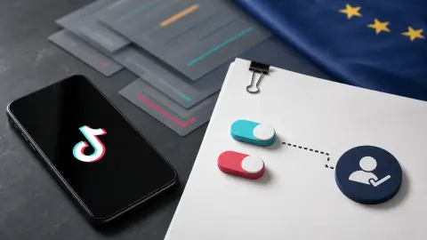 A realistic desk scene with a TikTok-branded device beside blank policy papers and privacy-toggle shapes narrowing toward a safer-audience checkpoint.