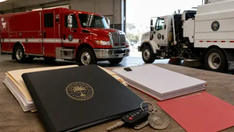 A City of Miami fleet replacement file staged beside a red fire-rescue vehicle reference and municipal service equipment