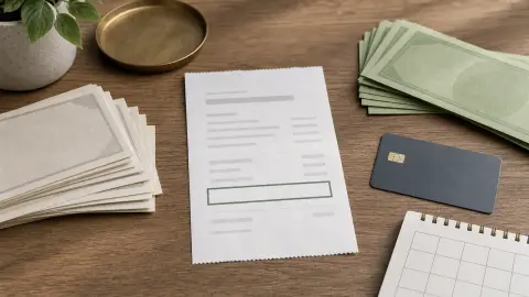 A generic money-transfer receipt arranged with dollars, green cash, a payment card and a calendar.