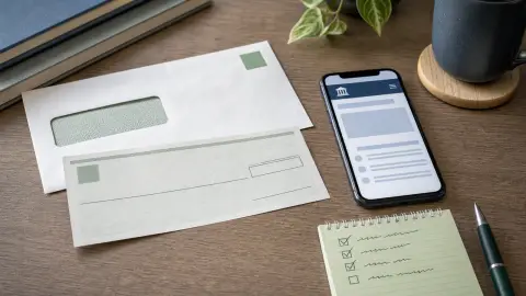 A refund-style envelope, check-shaped slip, phone and verification checklist arranged on a desk.