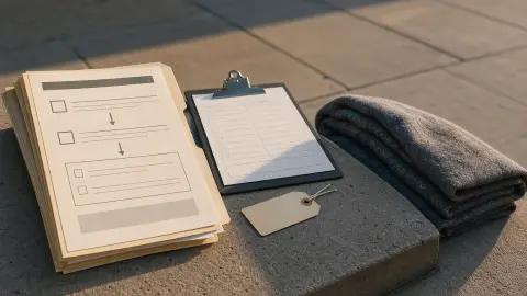 Municipal paperwork, a shelter clipboard and a folded blanket arranged beside a public walkway