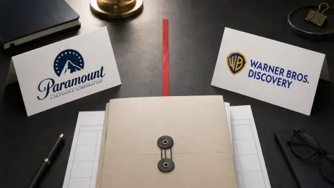 Paramount Skydance and Warner Bros. Discovery exhibit cards face a red legal stop line on a court-themed desk.