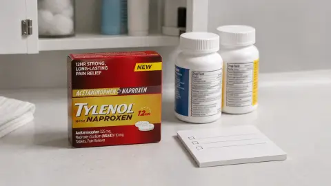 Tylenol with Naproxen packaging staged beside generic medicine bottles and a blank checklist card