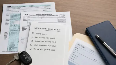 Internal Revenue Service tax forms sit with a pay stub, vehicle key and blank deduction checklist for a pre-filing review