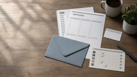 Voting papers, an envelope, a pen and a calendar arranged as a primary-election planning checklist