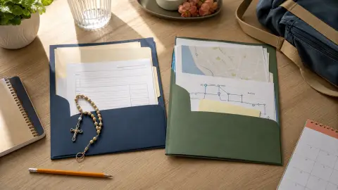 School enrollment folders, blank forms and a calendar arranged on a desk to show Miami families comparing campus options.