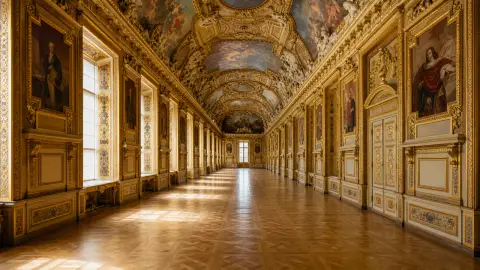 The Louvre's gilded Apollo Gallery shown as an open ceremonial room without jewel display cases.