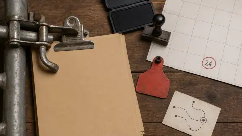 Cattle import paperwork, a gate latch, an inspection stamp pad and a livestock tag arranged beside an August 24 date cue.