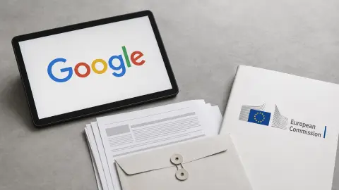 A desk scene showing Google and European Commission marks separated by trade paperwork.