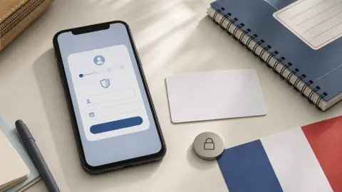 A phone beside blank age-check and privacy objects on a school desk