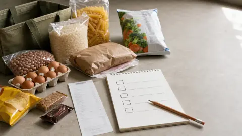 A grocery receipt, pantry staples and a checked shopping list arranged to compare weekly food costs