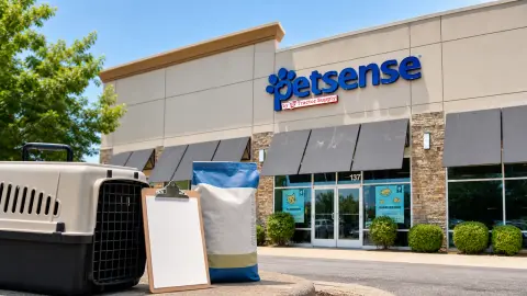 A Petsense by Tractor Supply storefront with a pet carrier and appointment clipboard in the foreground.