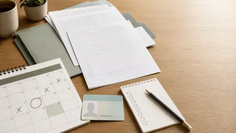 A desk with a blank work-authorization style card, form packet, calendar and checklist arranged for a date review.