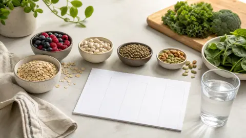 Measured portions of oats, berries, beans, vegetables and water arranged beside a blank weekly meal card
