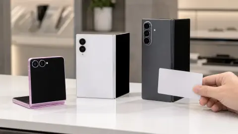 Samsung Galaxy Z Fold8 Ultra, Samsung Galaxy Z Fold8 and Samsung Galaxy Z Flip8 on a retail counter with a blank checkout card