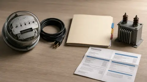 A household electric bill, meter and blank utility paperwork arranged as a still life about power costs.