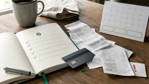 A household budget notebook with receipts, a face-down payment card, and a small calendar arranged on a kitchen table.