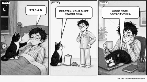 Three-panel black-and-white cartoon: a tuxedo cat wakes its owner at 3 a.m., calls it the start of the owner's shift, then sleeps across the owner's keyboard at 8 a.m. while saying, “Good night. Cover for me.”